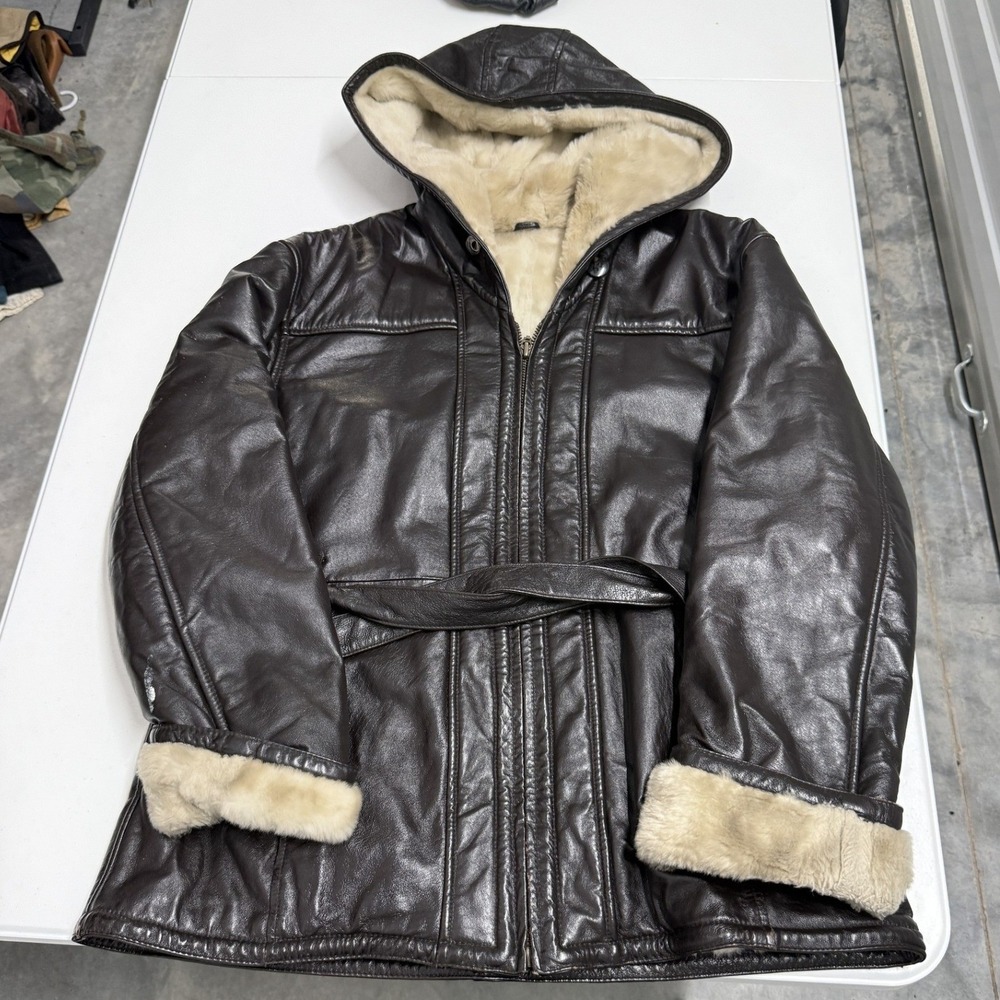wilsons Leather Parka Mens L Brown Good Shearling Lined Belted Hooded Jacket